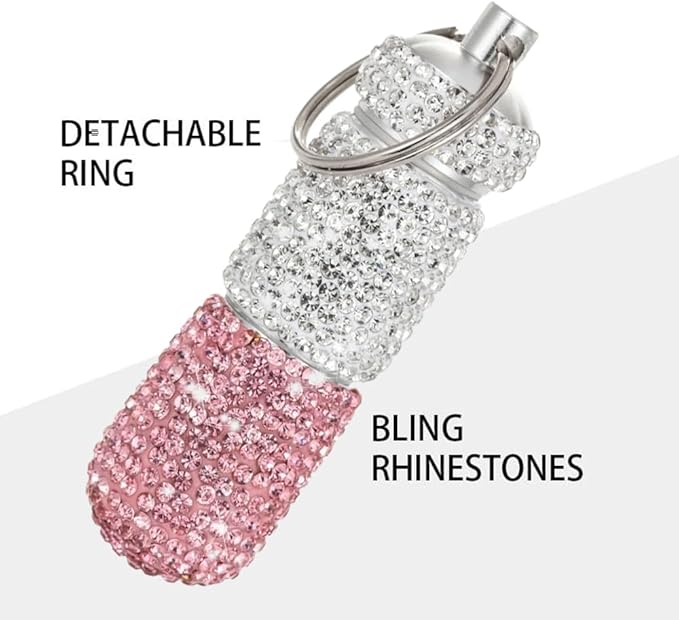 Bling Pill Case Portable Travel Pill Container Bottle Rhinestone Waterproof Small Pill Holder with Keychain Cute Mini Pill Storage Box (white pink)