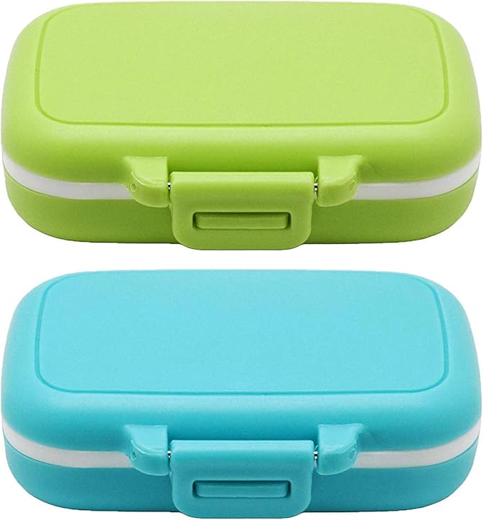 Small Pill Box Supplement Case for Pocket or Purse - 3 Removable Compartments Travel Medication Carry Case - Daily Vitamin Organizer Box (Green+Blue)