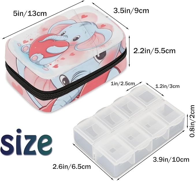 Elephant Printing Travel Pill Organizer Bag Portable Weekly Pill Box Travel Medicine Organizer 7 Day Pill Case with Zipper for Daily Travel Family Business