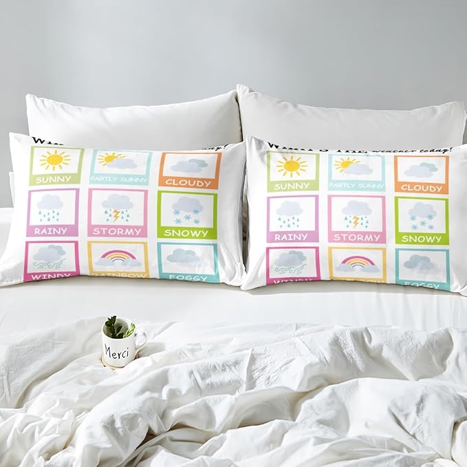 Feelyou Kids Educational Bed Sheet Set Twin Size, Weather Bedding Set Learning Fitted Sheet Boys Girls Kindergarten Teens Bedroom Decor (1 Pillow Case and a Fitted Sheet)