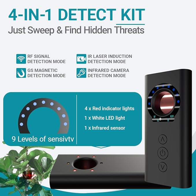 Phatom Upgraded AI Hidden Camera Detector, Anti-Spy Camera Finder RF Signal & WiFi Scanner Hidden Devices Detector for GPS Trackers, 4 Modes for Hotel, Bathroom, Office, Car Travel Security(Black)