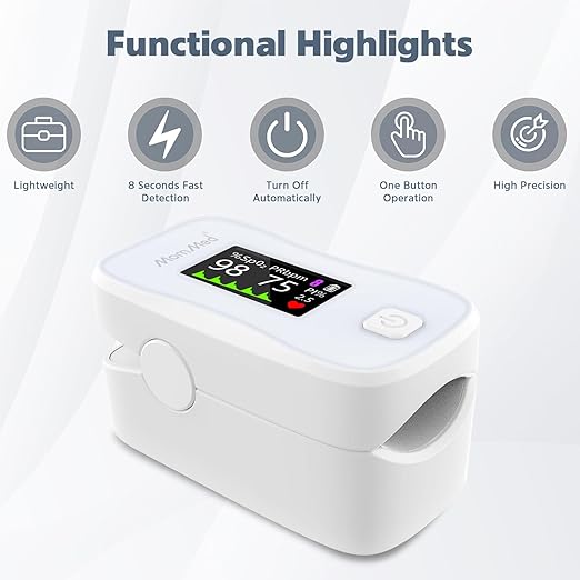 MOMMED Pulse Oximeter, Blood Oxygen Saturation Monitor (SpO2) with Clear Display, Pulse Rate (PR) Perfusion Index (PI) Finger Oximeter, Accurate Oxygen Saturation Meter for Fitness, Sports or Aviation
