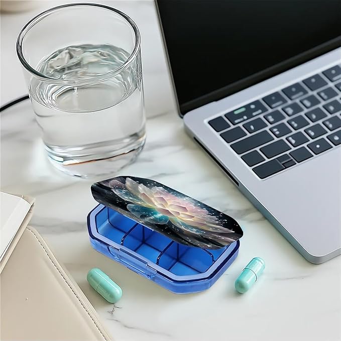 This Portable Crystal Lotus Flower Pattern 6 Compartment Pill Box Can Be Placed in A Pocket Or Wallet to Store Vitamins, Medicines Health Supplements Other Medications.