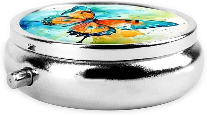 Watercolor Butterfly Art Style Pill Box 3 Compartment Pill Case, Portable Medicine Pill Organizer for Pocket Purse Pill Box Decorative Metal Medicine Vitamin Organizer