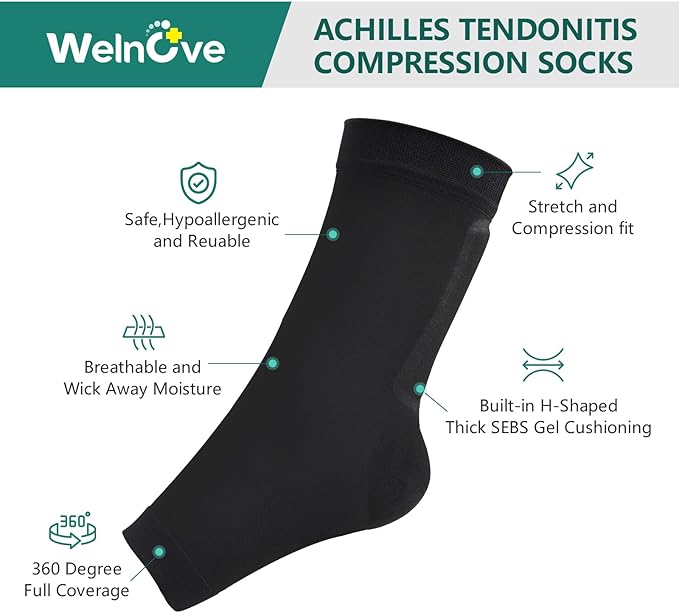 Welnove Achilles Tendonitis Heel Protector Sleeves H-Shape Achilles Tendon Support Compression Gel Padded Sleeve Socks for Cushion of Bursitis, Tendonitis, Tenderness, Dry Cracked - Black,Regular
