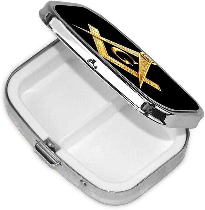 Gold Freemason Freemasonry Masonic Pill Organizer Travel Portable Compact Pill Box 2 Compartments Pill Case for Vitamins/Fish Oil/Meds for Purse Pocket