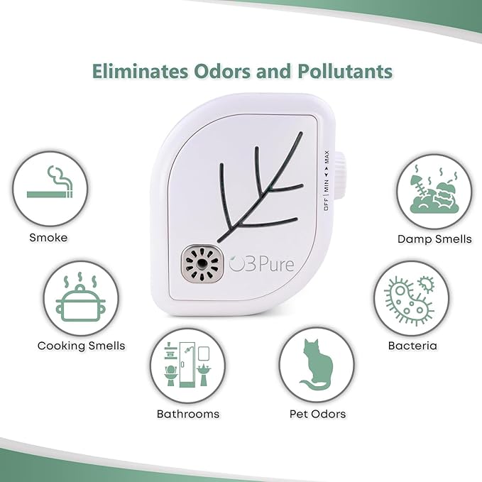 O3 Pure Leaf Wall Plug-In Air Purifier - Room Deodorizer & Mini Adjustable Ozone Generator and Ionizer - The Perfect Air Freshener for the Office, Bedroom, Kitchen, Smoke, Dust or your Cats and Dogs