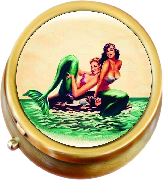 Vintage Mermaids Brass Pill Box
