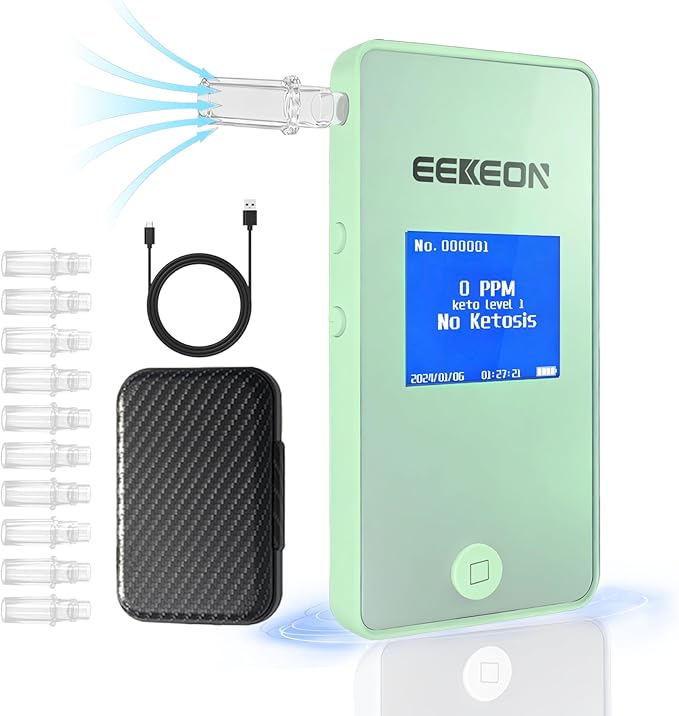 Ketone Meter, Professional Ketosis Breath Analyzer, Accurate Breath Keto Monitor with Type-C Charging and Data Tracking for Ketogenic Lifestyle and Health Management, Includes 10 Mouthpieces (Green)