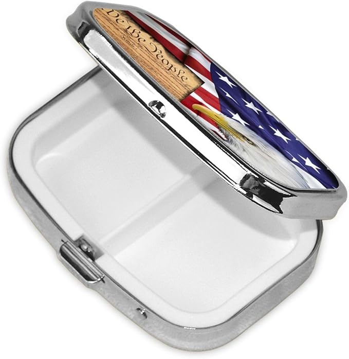 Pill Box 2 Compartment Medicine Pill Case,Portable Medicine Tablet Vitamin Holder Organizer for Purse Pocket Travel Gifts(1 Pack,American Flag Patriotic USA Bald Eagle and Book)
