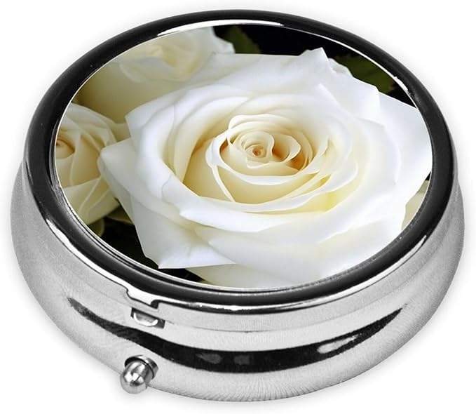 Pill Box with Mirror White Rose 3 Compartment Small Pill Case for Purse Or Pocket Mini Metal Pill Holder Travel Weekly Medicine Tablet Vitamin Holder Organizer Travel Gifts