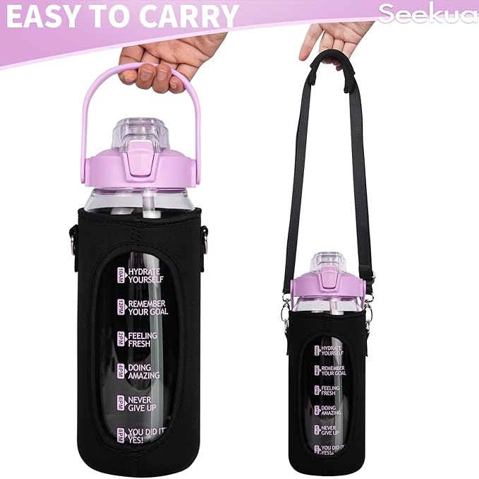 64 oz Glass Water Bottle with Straw and Time Marker, Half Gallon Large Motivational Borosilicate Glass Drinking Bottle with Silicone Boot and Sleeve