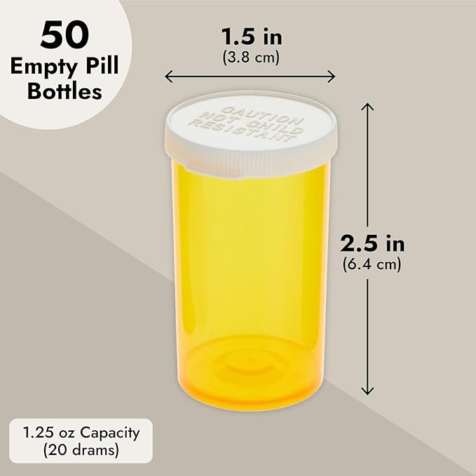 Juvale Empty Pill Bottles with Caps - Easy-Open Plastic Vials with Caps - Compact Travel Pill Bottles - 20 Dram, Orange, Pack of 50