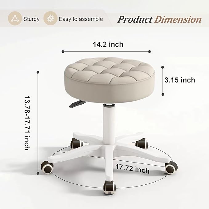 Small Rolling Stool with Wheels, PU Leather Height Adjustable Vanity Work Task Stool, 360 Swivel, Padded Seat Cushion,for Salon, Home, Office