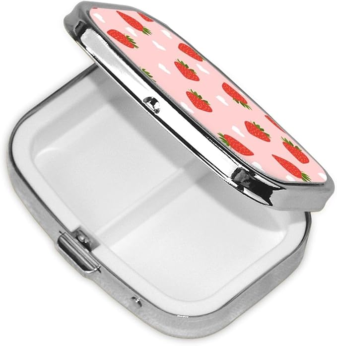 Kawaii Strawberry Pill Box with Mirror 2 Compartment Metal Square Small Pill Case for Purse or Pocket Portable Pill Container Holder Travel Medicine Organizer for Vitamin Fish Oil Supplement