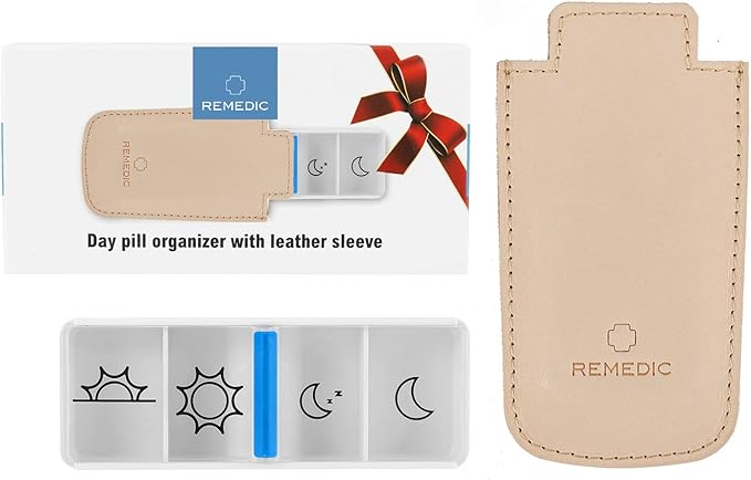 Remedic Daily Pill Dispenser BPA-Free Large Clear Compartments Travel Medicine Organizer Case with Slide Open 4-Times-a-Day Vitamins Supplements Holder Gift Set Include Leather Sleeve…