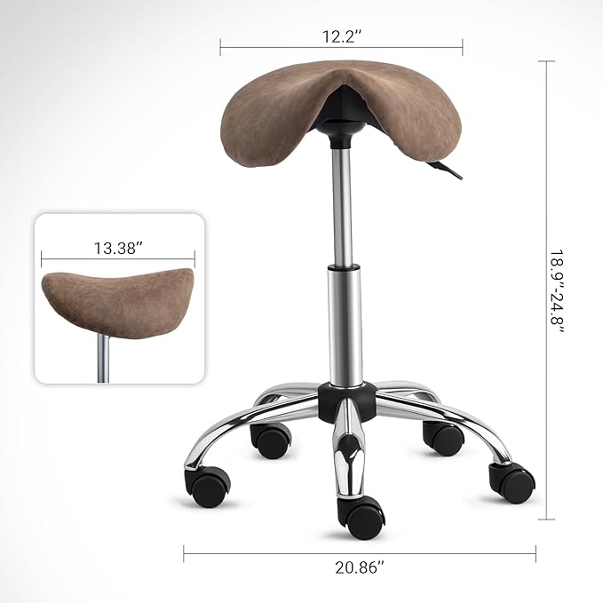 OmySalon Adjustable Saddle Stool with Footrest, Hydraulic Rolling Salon Chair, 360° Swivel Wheels Ergonomic Stool for Hair Stylists, Tattoo Artists, Office, Spa, Massage, Dental (Walnut)