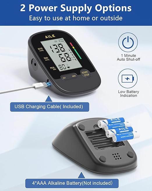 AILE Upper Arm Blood Pressure Machine,High Blood Pressure Monitors for Home use with Adjustable Blood Pressure Cuff - Large LCD Screen,Dual Power Option