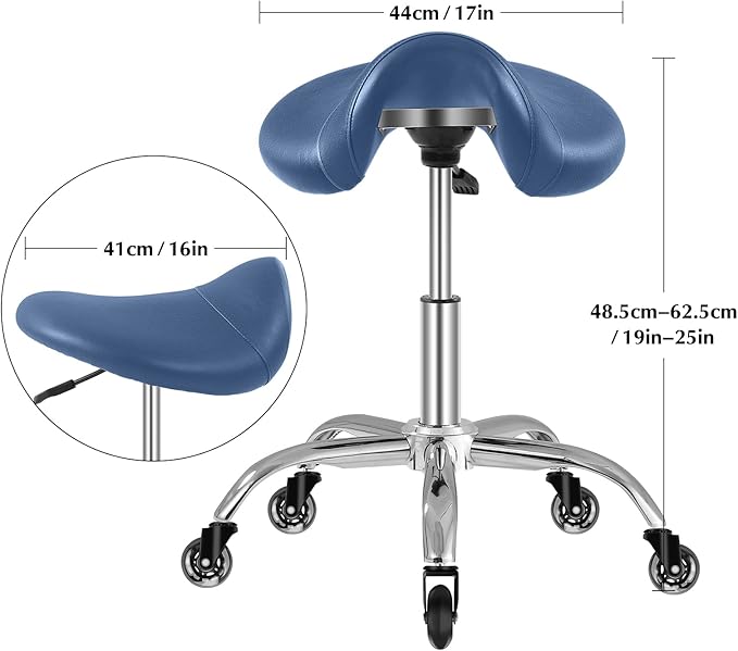 SALONFACTORY Saddle Stool with Wheels 300 lbs Weight Capacity, Heavy Duty Rolling Stool for Medical Massage Salon Kitchen Spa Drafting Nail-Tech,Height Adjustable,360 Swivel,Wide Thick Seat Padding