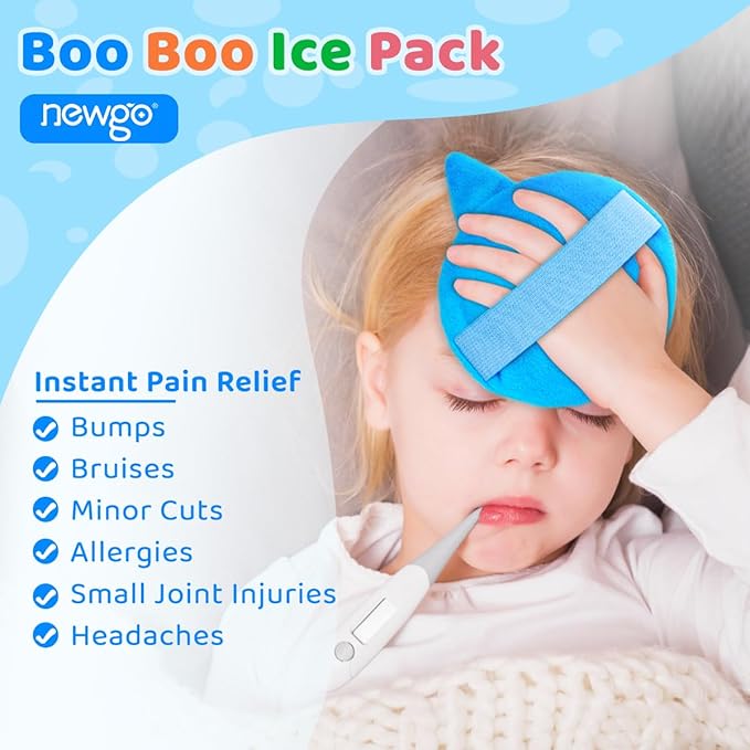 NEWGO Kids Ice Pack for Boo Boos, Reusable Gel Cold Packs with 4 Cute Plush Sleeves for Toddlers and Babie, 4 Hot & Cold Compress Packs for Pain Relief, Fever, Wisdom Teeth, First Aid, Bumps