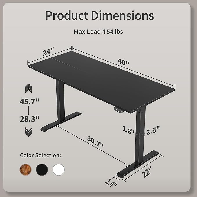 Agilestic Electric Standing Desk, 40 x 24 Inches Height Adjustable Desk, Sit Stand up for Work Office Home, Ergonomic Rising Computer Table with Memory Preset, Black