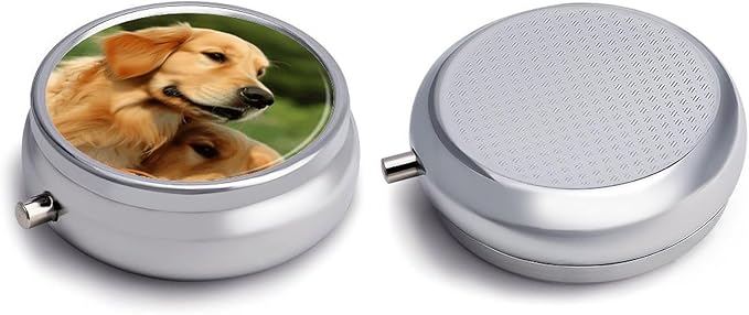Dog Golden Retriever Travel Pill Box Case 3 Compartment Cute Pill Organizer Metal Pill Holder with Mirror Small Medicine Organizer Daily Pill Container for Purse Pocket Portable Meds Box