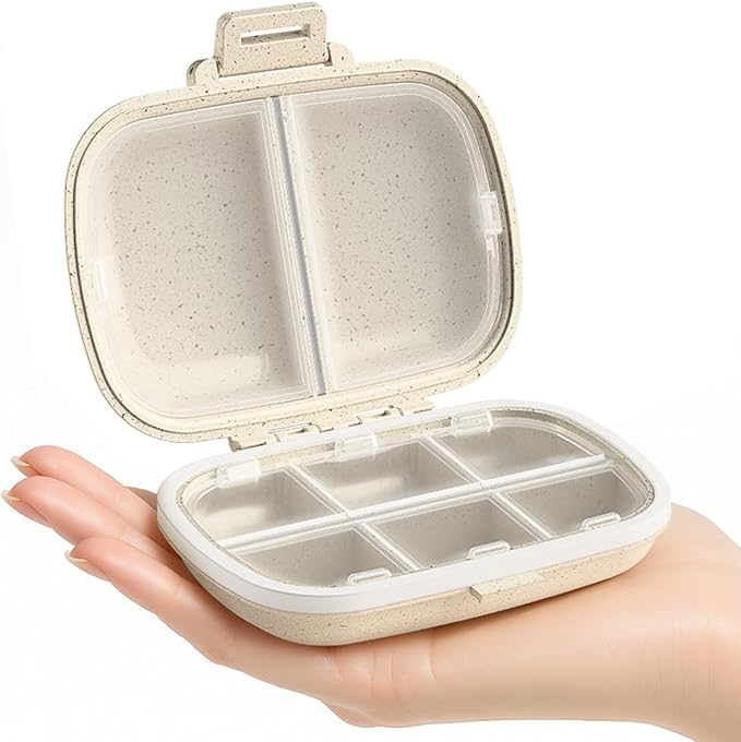 Travel Pill Organizer, 6+2 Extra Large Compartments Portable Pill Case, Daily Pill Box to Hold Vitamins, Small Pill Container for Pocket Purse Medicine Organizer（Beige）