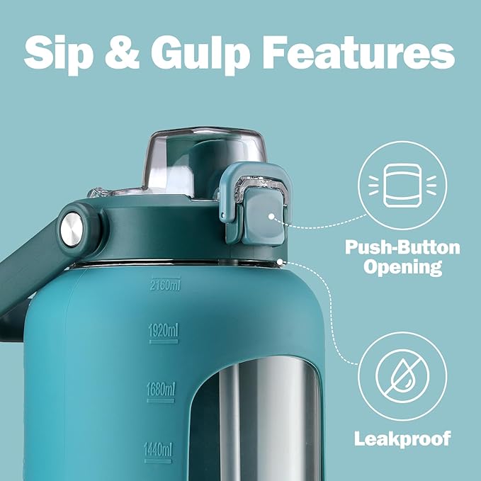 72oz Glass Water Bottle with 2-IN-1 Straw &Chug Lid, Large Motivational Glass Bottle with Capacity Marker and Silicone Sleeve, 2.1Liter Gallon Water Jug for Home, Sports, Gym, BPA Free-Green