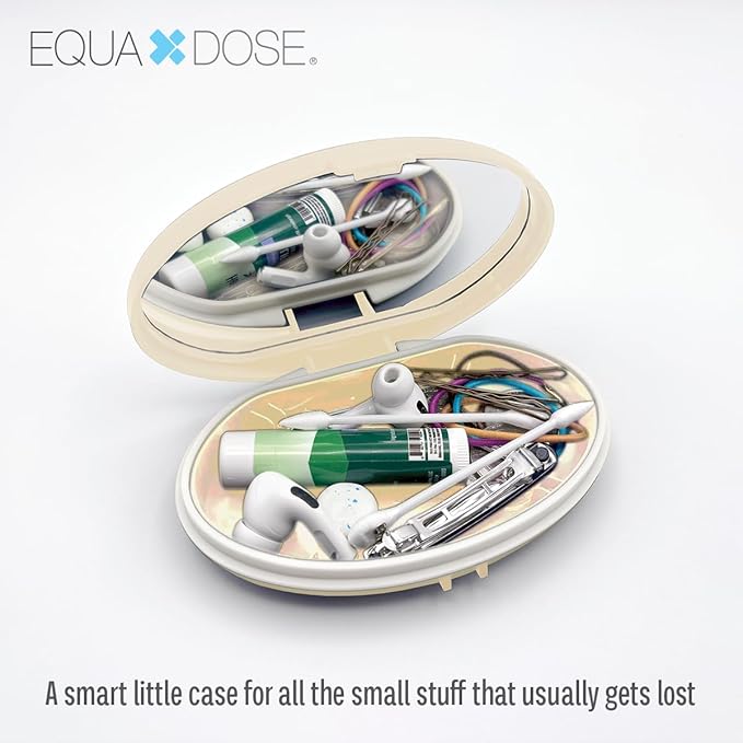 EQUADOSE Oval Compact Pill Case, Portable Organizer with Mirror, Travel Medication Holder with Removable Divider, Small Storage Case for Pills, Vitamins, Earbuds, Jewelry & Daily Essentials, Cream