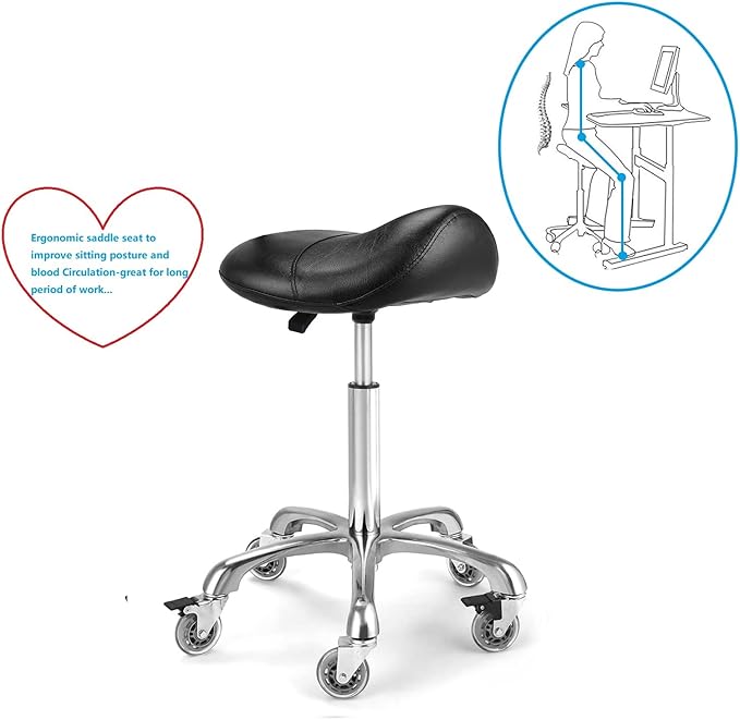 Ergonomic Saddle Stool with Wheels Rolling Chair Professional Saddle Chair Heavy Duty Adjustable Swivel Hydraulic Stool for Massage Hair Stylist Salon Tattoo Office(Without backrest,Black)