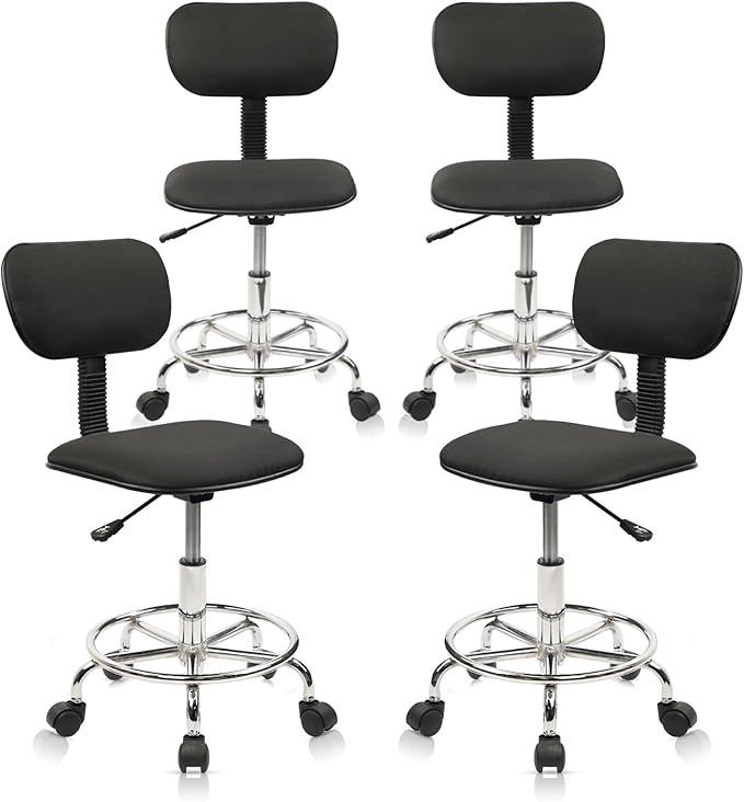 Low Wide Rolling Swivel Stool with Backrest, Adjustable Height Salon Chair Stools with Footrest for Spa Tattoo Office Desk Massage Task Lash Barber Facial, Black 4PK