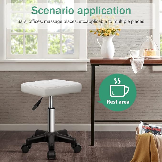 FURWOO Rectangle Rolling Stool with Wheels Height Adjustable Swivel Stool Chair for Spa Salon Massage White