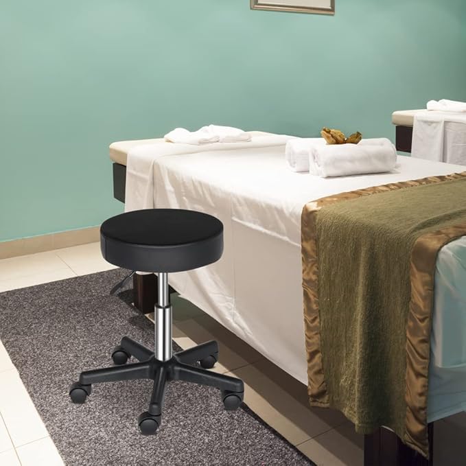 Modern Rolling Round Stool Chair,PU Leather Swivel Adjustable Rolling Stools,Ergonomic Swivel Salon Spa Barstools,Office Drafting Chairs,with Wheels,for Home, Kitchen, Medical, Lab (Black)