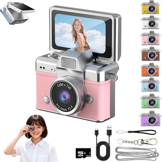 Mini Keychain Digital Camera Retro Mini Digital Video Camera Small bodycam 1080P FHD Recording with 0.96" IPS Screen with 6 Retro Filters AVI Format-Ideal for Phone Transfer (Pink, 64G)