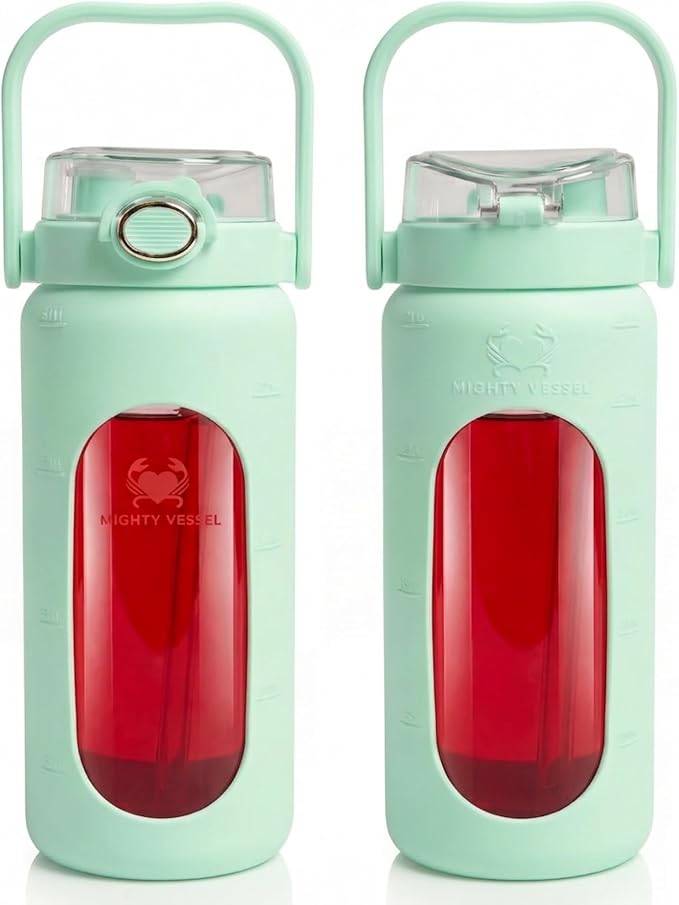 32 oz Glass Water Bottle – Light Green | Borosilicate with Time Markers, Flip Straw & Silicone Sleeve – Compact Leakproof Hydration for Travel or Office