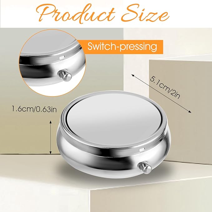 Pill Box Cute Small Pill Box for Purse & Pocket Medicine Organizer Travel Pillbox Waterproof Pill Case Metal Pill Container Holder for Vitamins, Fish Oil, Supplements(Silver)