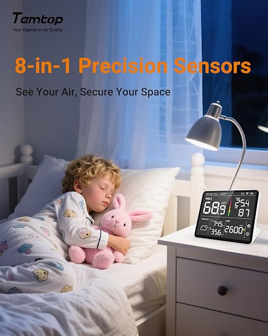 Temtop Air Quality Monitor Indoor PM2.5 CO2 Detector, 8-in-1 Smart Air Quality Weather Station with PM2.5 PM10 CO2 Temperature Humidity Sensor Weather Forecast for Home