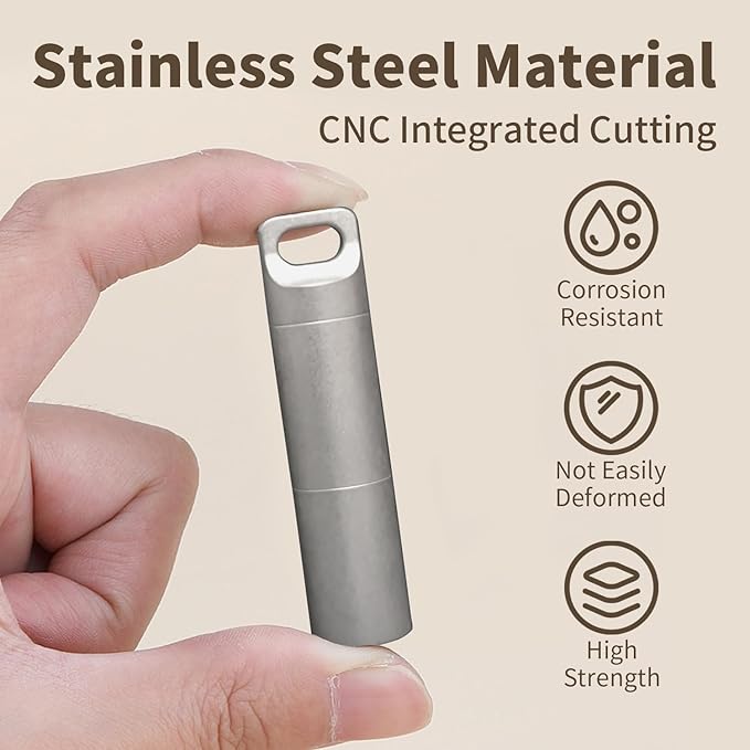 Stainless Steel Pill Box Keychain, Waterproof Compact Pill Organizer for Emergency Pills & Vitamins, Portable Keyring Necklace Holder, Travel Hiking Essentials, 2 Compartments