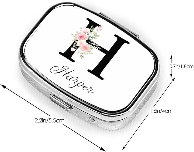Custom Pill Box Personalized Square Small Pill Case with Mirror Add Your Photo Text Logo Name Decorative 2 Compartment Portable Metal Medicine Container Vitamin Organizer for Pocket Purse Travel (H)