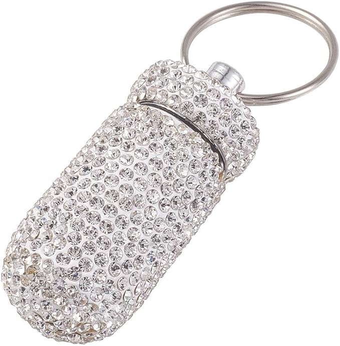 XhuangTech Waterproof Keychain Pill Box Bling Round Medicine Organizer Holder Container Aluminum Portable Mini Bottle Storage Case for Outdoor Travel Camping Purse Pocket (White)