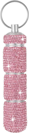 Bling Pill Case Portable Travel Pill Container Bottle Rhinestone Waterproof Small Pill Holder with Keychain Cute Mini Pill Storage Box for Outdoor Camping (Pink)