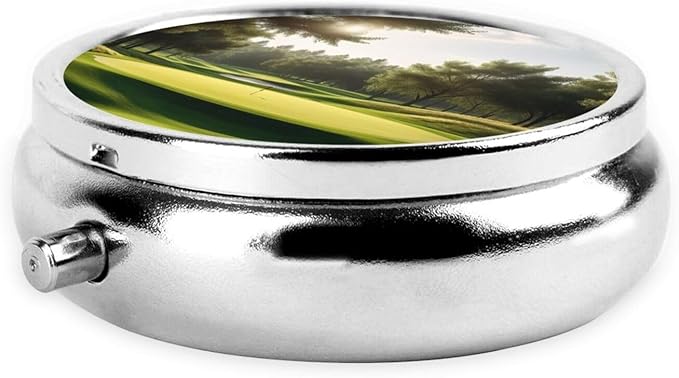Golf Course Printed Pill Organizer,Round Travel Pill Organizer Mini Medicine Pill Box for Purse Iron Plating