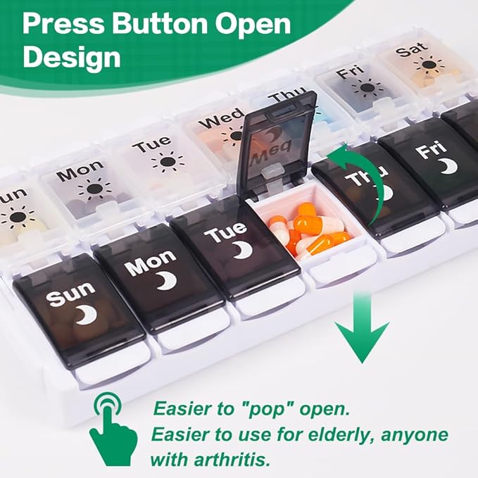 Shintop Pill Organizer 2 Times a Day, Easy Fill Weekly Pill Box Am Pm Push Button Pill Container 7 Day Medicine Organizer for Vitamins Supplements （Black&White）