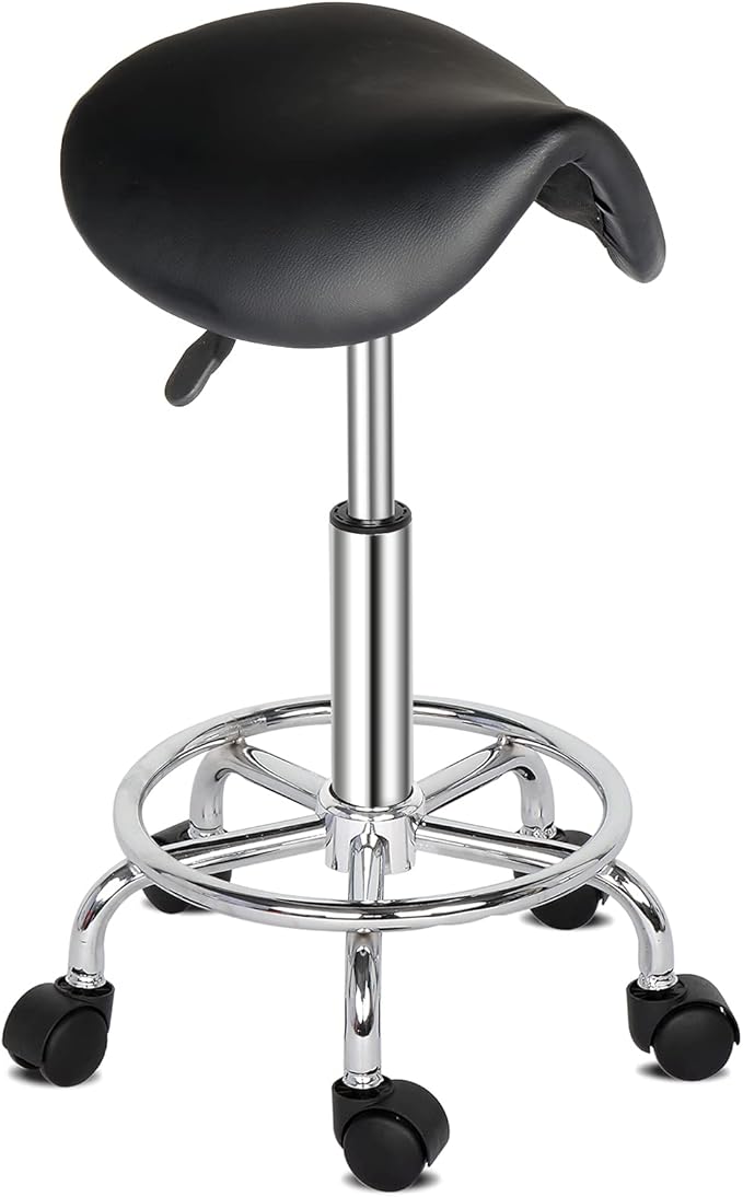Modern Rolling Saddle Seat Stool Chair,PU Leather Swivel Adjustable Rolling Stools,Ergonomic Swivel Salon Spa Barstools,Office Drafting Chairs,with Wheels,for Home, Kitchen, Medical, Lab (Black)