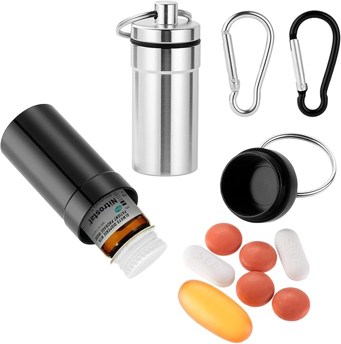 Keychain Pill Holder for Nitroglycerin, 2 Pack Mini Waterproof Portable Travel Purse Pocket Pill Case, Keychain Fob Container for 25ct Nitro/Nitroglycerin Bottle (Black + Silver)