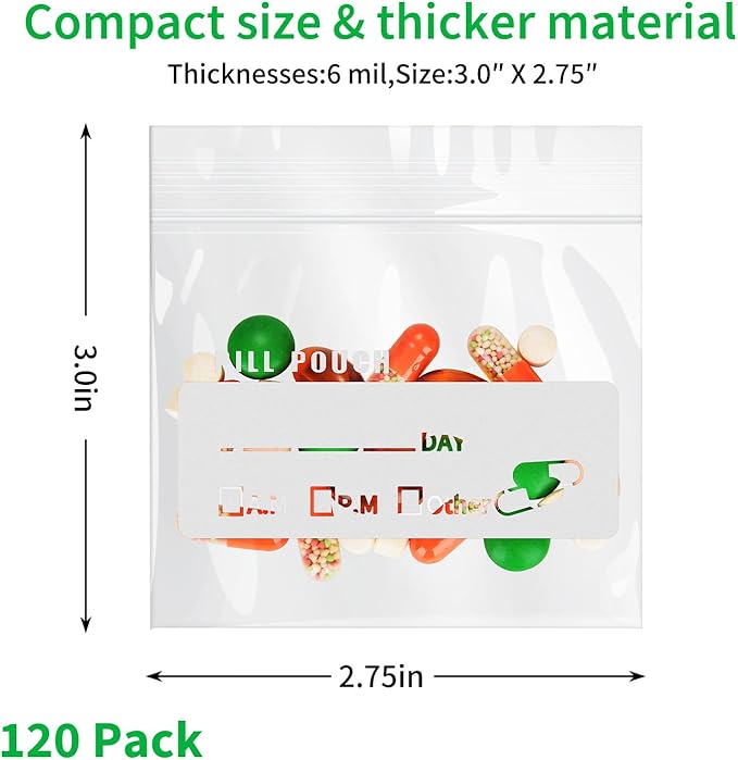 Pill Pouch Bags for Travel (120 Pack), 6 Mil BPA Free Reusable Pill Bags 3 x 2.75 inch for Medicine with Write on Label Clear Ziplock Seal Waterproof AM PM Pill Baggies for Medicine Organizer