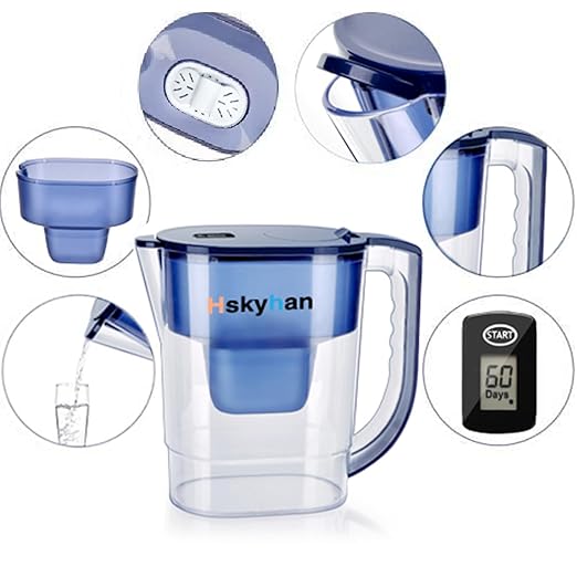 Hskyhan Water Filter Pitcher - 3.8 Liters, 2 Long Lasting Filters Included, Replacement Cartridge Timer, 7 Stage Filtration, Reduces Lead, Fluoride, Chlorine and More, Blue