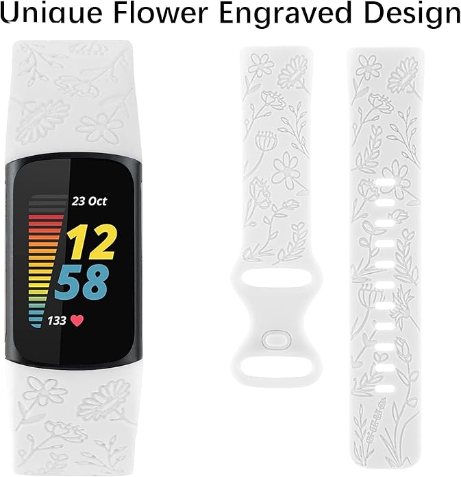Flower Engraved Bands Compatible with Fitbit Charge 5 Band/Charge 6 Bands Women Cute Floral Engraving Soft Silicone Sport Strap Replacement Wristband for Fitbit Charge 5/6 Tracker Accessories