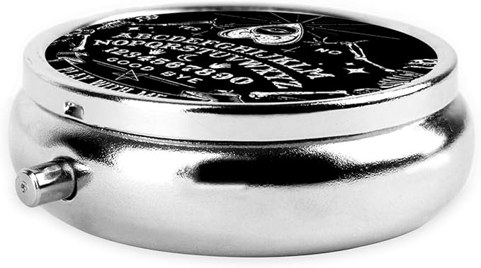 Round Pill Case Portable Small Weekly Travel Pill Organizer Portable Pocket Pill Box Dispenser for Purse Vitamin Fish Oil Compartments Container Medicine Box, Vintage Skeleton Magic Spirit Board Black