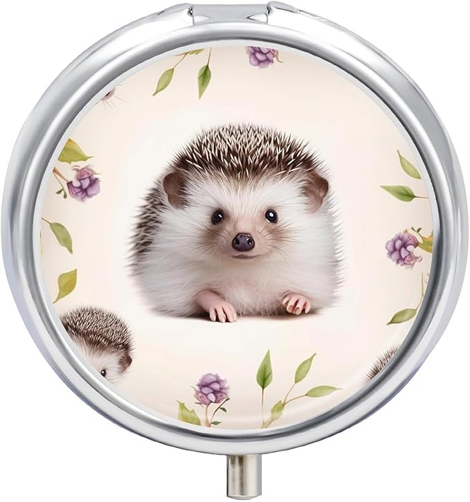 Cute Baby Hedgehog Pill Box Travel Pill Case for Purse Pocket Weekly Medicine Organizer with Mirror 3 Compartment Round Medicine Case Portable PillcaseHolder for Daily